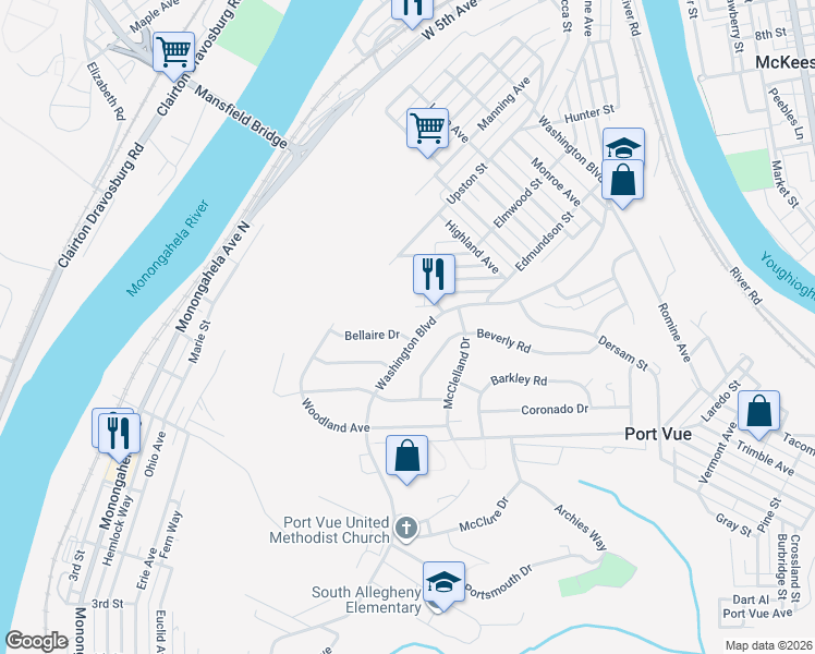map of restaurants, bars, coffee shops, grocery stores, and more near 1408 Washington Boulevard in McKeesport