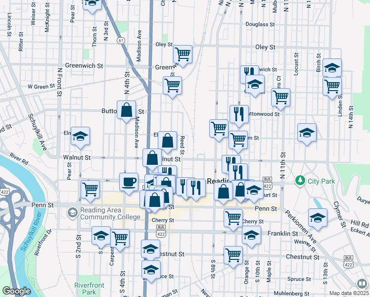 map of restaurants, bars, coffee shops, grocery stores, and more near 225 Reed Street in Reading