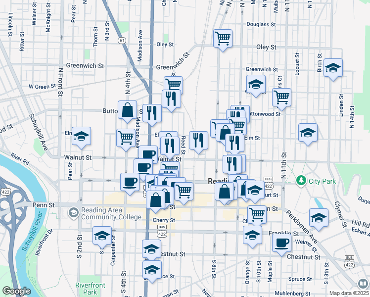 map of restaurants, bars, coffee shops, grocery stores, and more near 225 Reed Street in Reading
