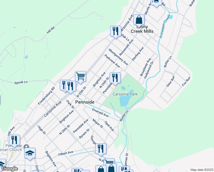 map of restaurants, bars, coffee shops, grocery stores, and more near 902 Penndale Avenue in Reading