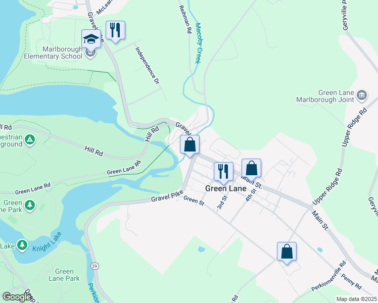 map of restaurants, bars, coffee shops, grocery stores, and more near 110 Main Street in Green Lane