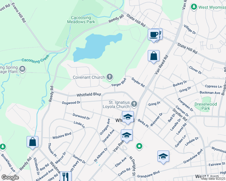 map of restaurants, bars, coffee shops, grocery stores, and more near 1201 Whitfield Boulevard in Reading