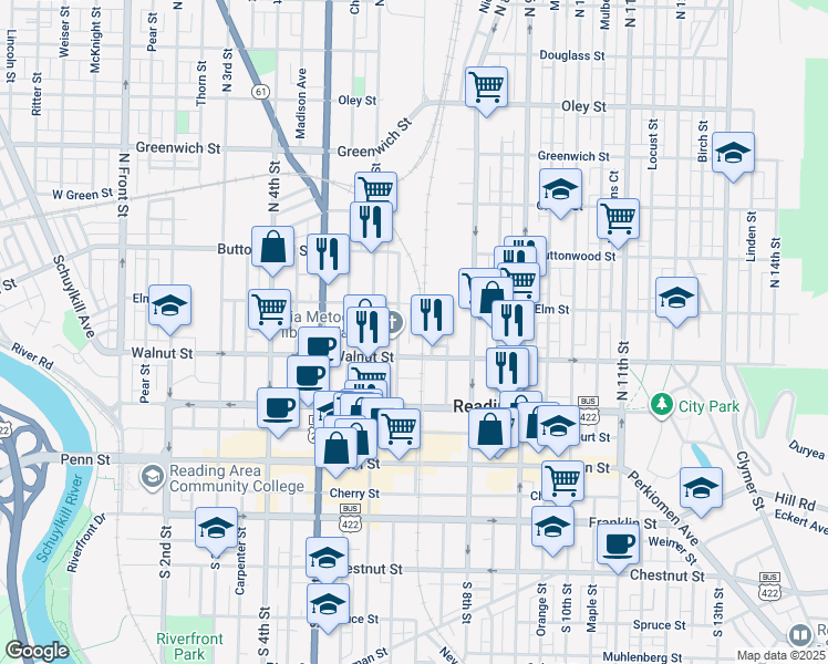 map of restaurants, bars, coffee shops, grocery stores, and more near 216 North 7th Street in Reading