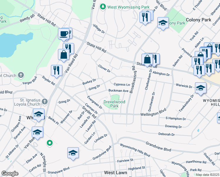 map of restaurants, bars, coffee shops, grocery stores, and more near 2016 Cypress Lane in Wyomissing