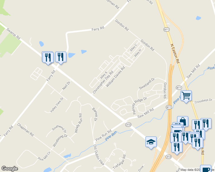 map of restaurants, bars, coffee shops, grocery stores, and more near William Dawes Road in Doylestown