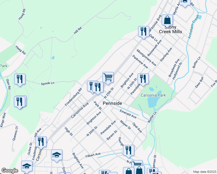 map of restaurants, bars, coffee shops, grocery stores, and more near 801 Carsonia Avenue in Reading