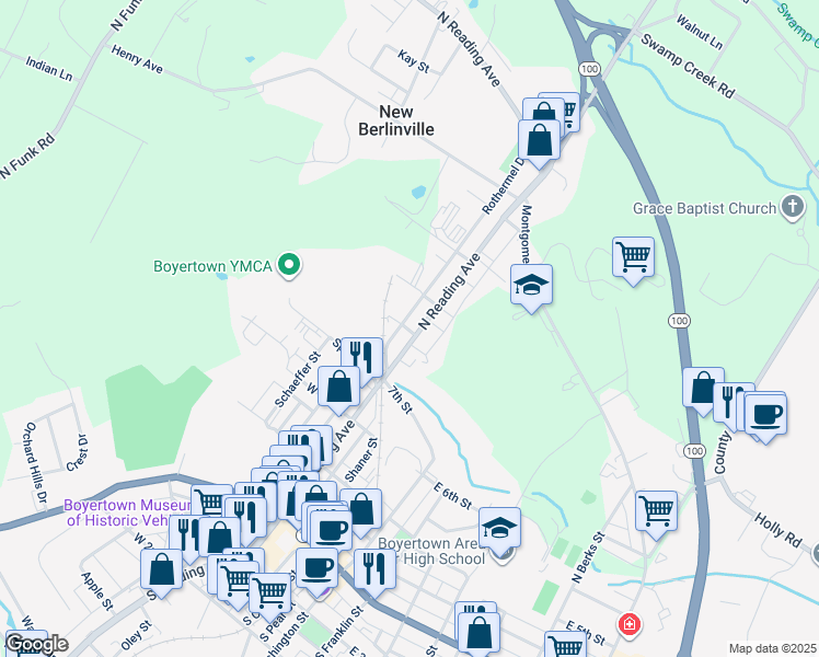 map of restaurants, bars, coffee shops, grocery stores, and more near 405 North Reading Avenue in Boyertown