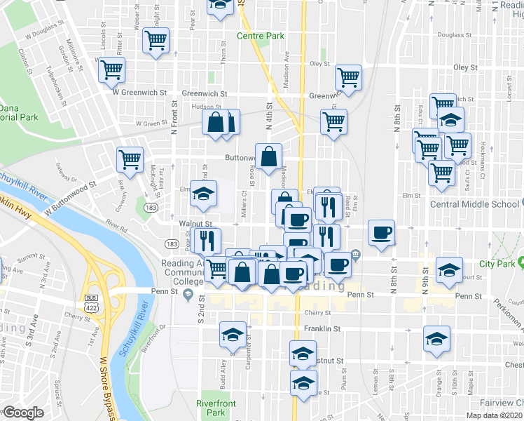 map of restaurants, bars, coffee shops, grocery stores, and more near 216 North 4th Street in Reading