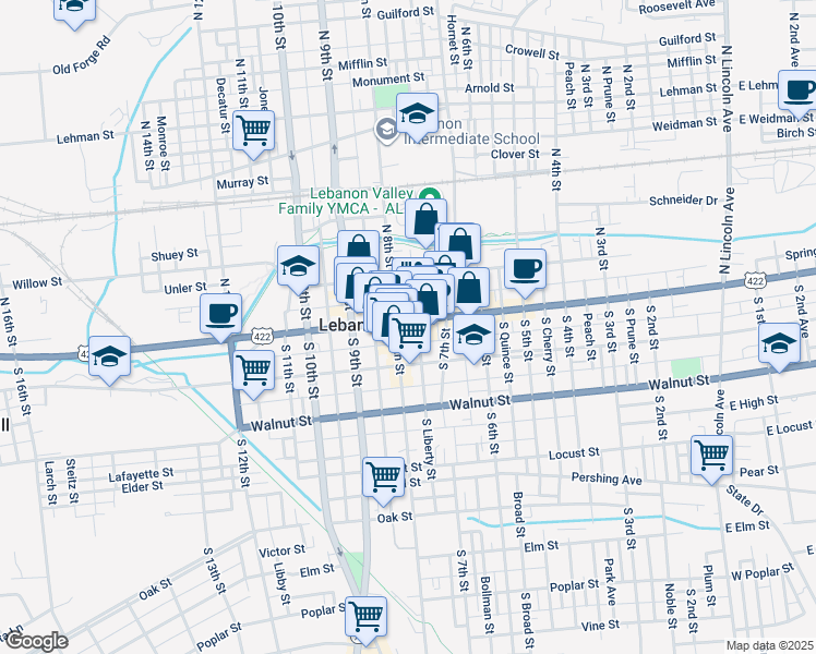 map of restaurants, bars, coffee shops, grocery stores, and more near 725 U.S. 422 in Lebanon