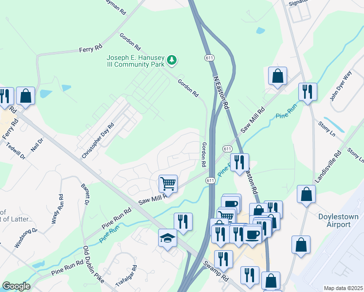 map of restaurants, bars, coffee shops, grocery stores, and more near 5471 Rinker Circle in Doylestown