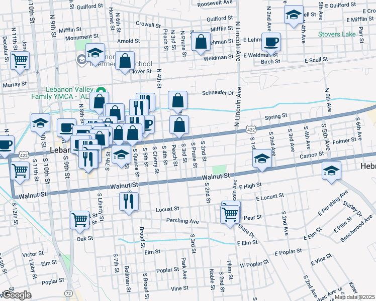 map of restaurants, bars, coffee shops, grocery stores, and more near 14 South 3rd Street in Lebanon
