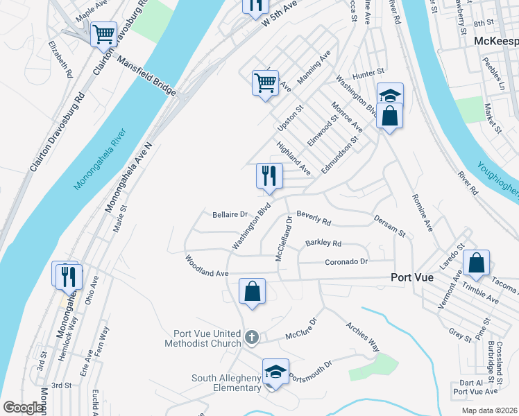 map of restaurants, bars, coffee shops, grocery stores, and more near 1408 Washington Boulevard in McKeesport