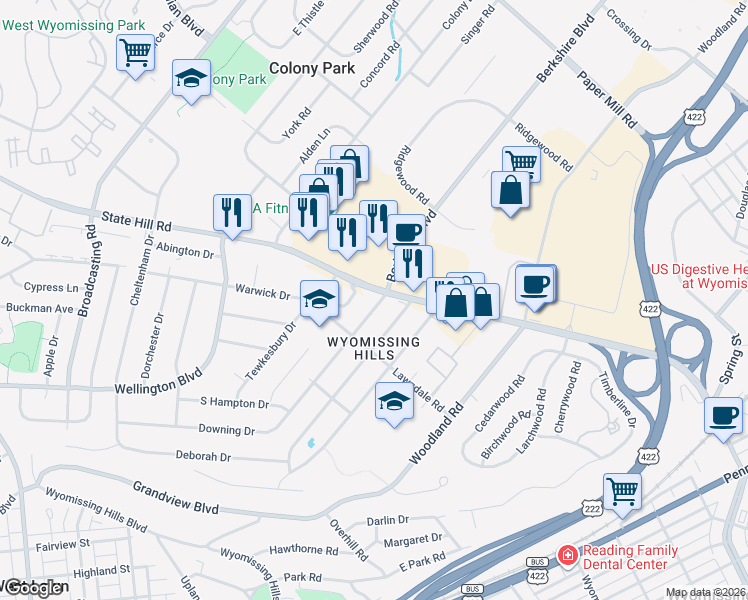 map of restaurants, bars, coffee shops, grocery stores, and more near 2 Vista Road in Wyomissing