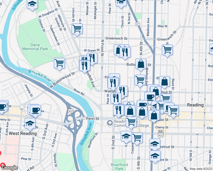 map of restaurants, bars, coffee shops, grocery stores, and more near 245 Pear Street in Reading