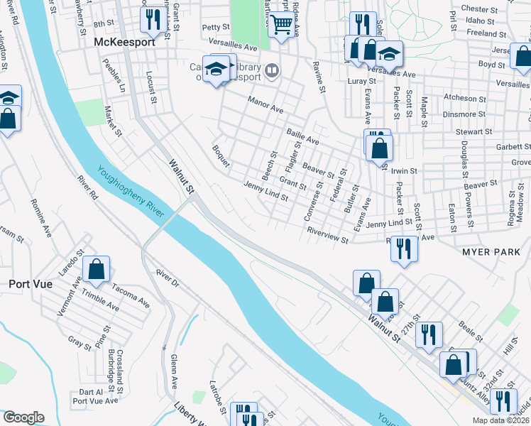 map of restaurants, bars, coffee shops, grocery stores, and more near 1927 Beech Street in McKeesport