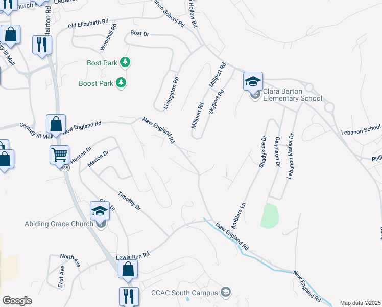map of restaurants, bars, coffee shops, grocery stores, and more near 3000 New England Road in West Mifflin