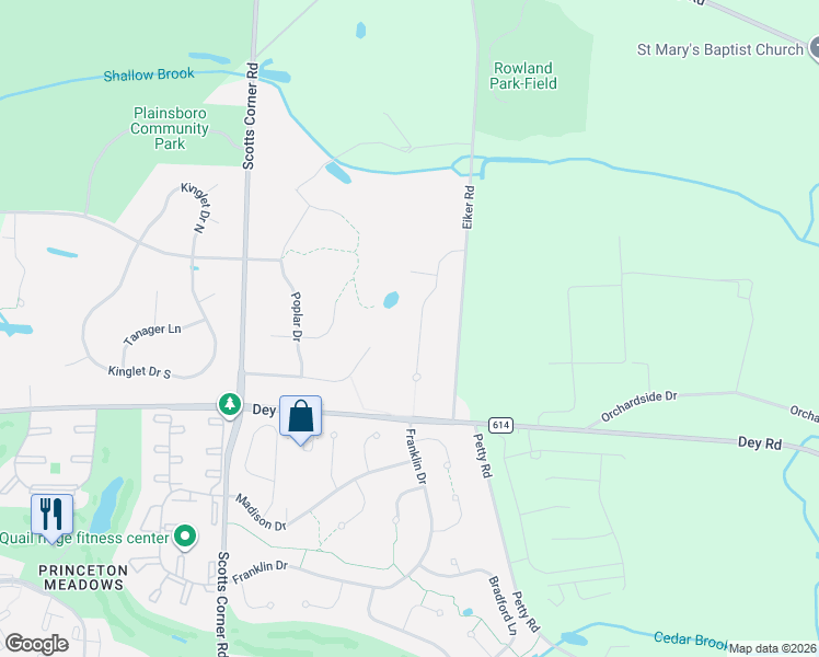 map of restaurants, bars, coffee shops, grocery stores, and more near 10 Brookside Court in Princeton Meadows