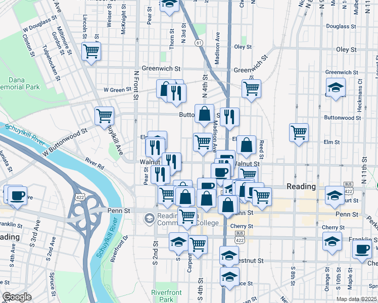 map of restaurants, bars, coffee shops, grocery stores, and more near 224 Rose Street in Reading