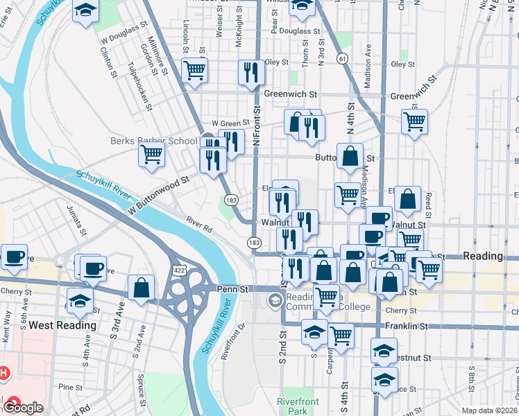 map of restaurants, bars, coffee shops, grocery stores, and more near 208 North Front Street in Reading