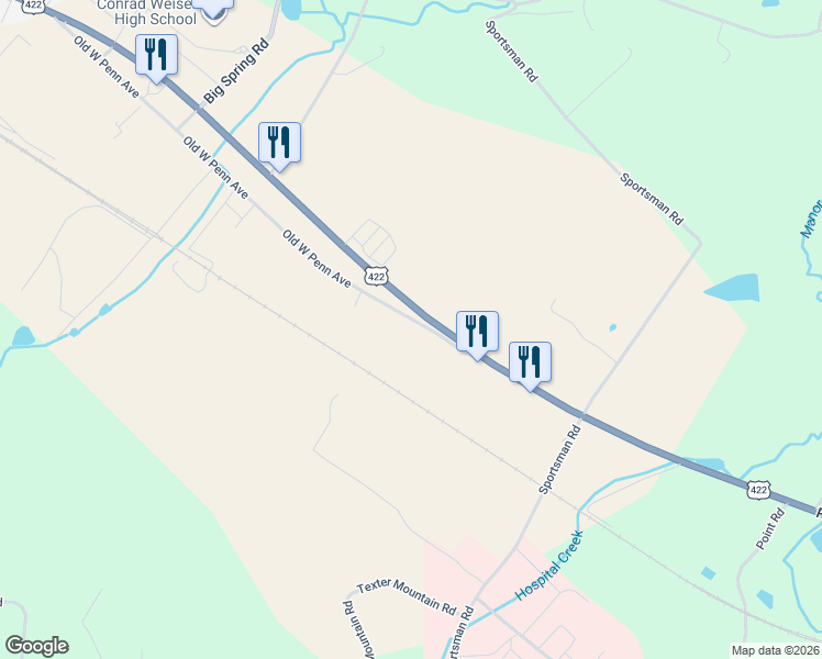 map of restaurants, bars, coffee shops, grocery stores, and more near 28 Old West Penn Avenue in Wernersville