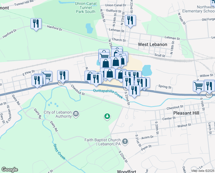 map of restaurants, bars, coffee shops, grocery stores, and more near 2287 Lebanon Valley Mall in Lebanon