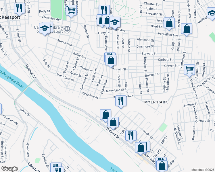 map of restaurants, bars, coffee shops, grocery stores, and more near 1818 Evans Avenue in McKeesport