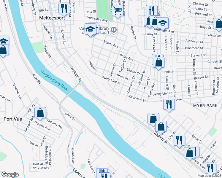 map of restaurants, bars, coffee shops, grocery stores, and more near 1927 Beech Street in McKeesport