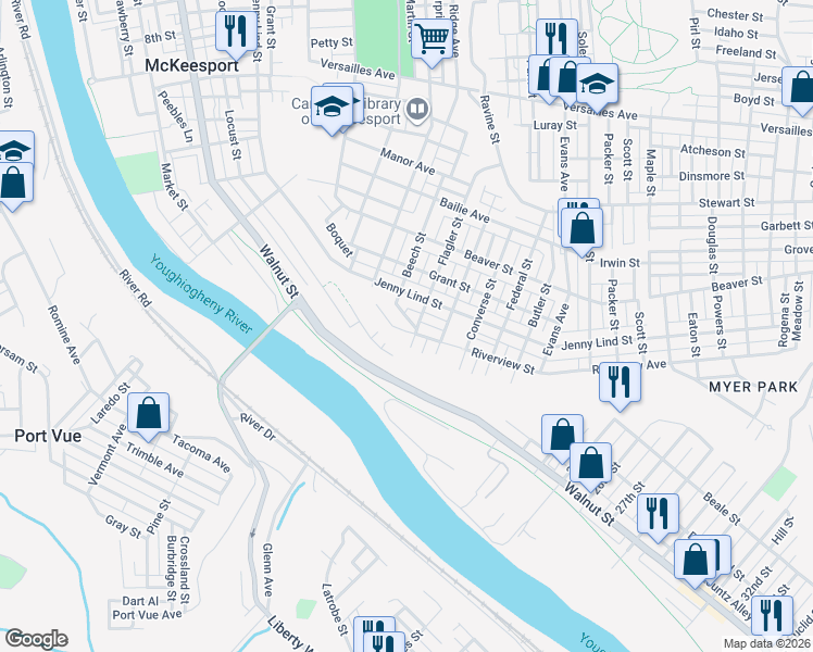 map of restaurants, bars, coffee shops, grocery stores, and more near 1927 Beech Street in McKeesport