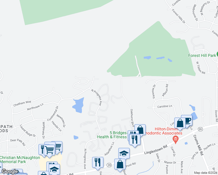 map of restaurants, bars, coffee shops, grocery stores, and more near 455 Waverly Woods Drive in Harrisburg