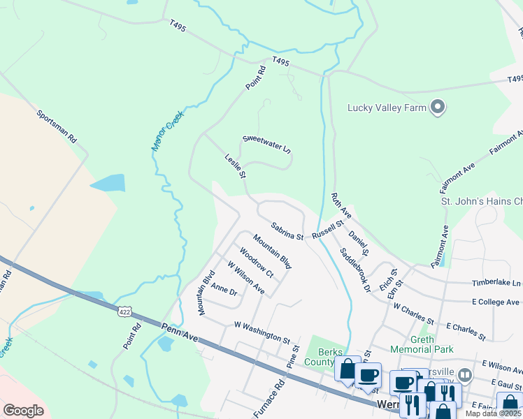 map of restaurants, bars, coffee shops, grocery stores, and more near 37 Sabrina Street in Wernersville