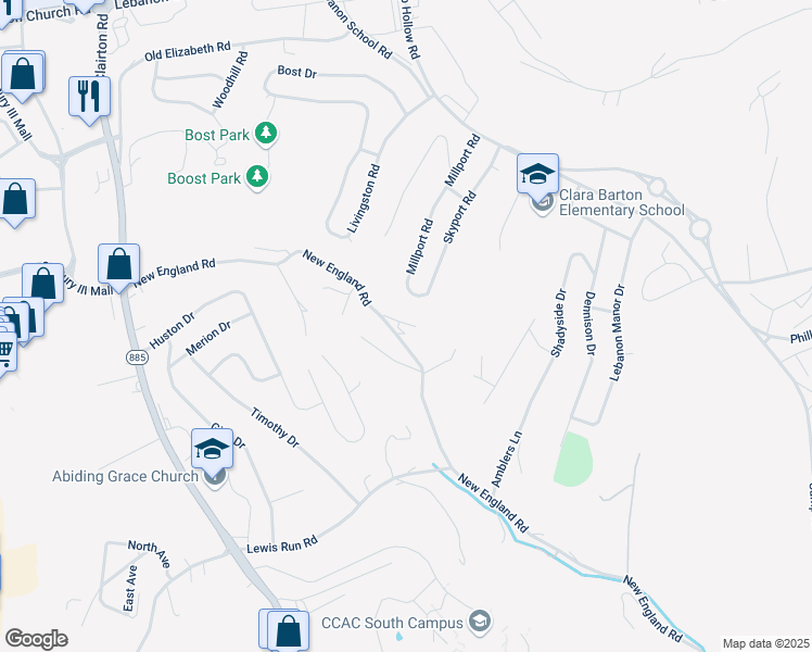 map of restaurants, bars, coffee shops, grocery stores, and more near 3000 New England Road in West Mifflin
