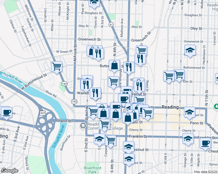 map of restaurants, bars, coffee shops, grocery stores, and more near in Reading
