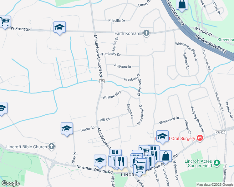 map of restaurants, bars, coffee shops, grocery stores, and more near 34 Wilshire Way in Middletown
