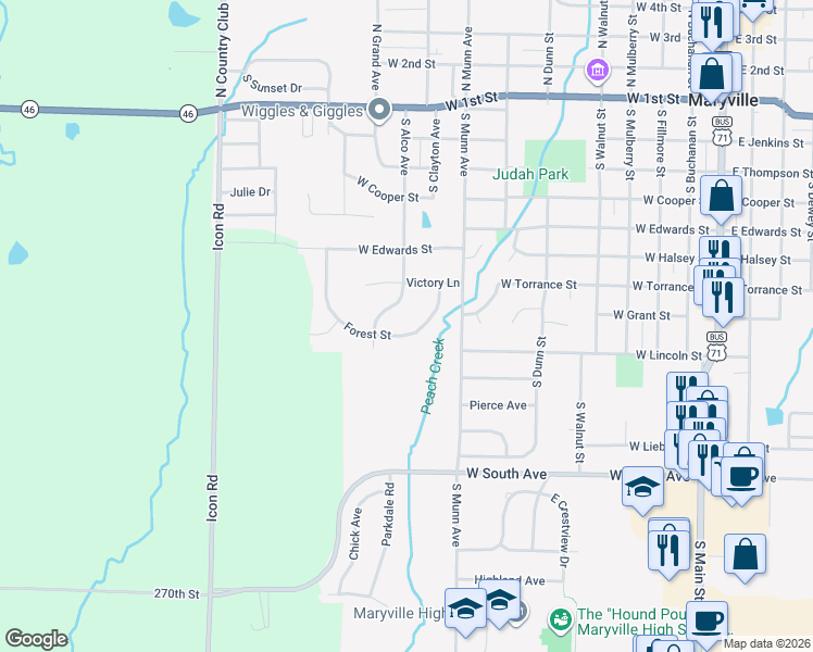 map of restaurants, bars, coffee shops, grocery stores, and more near 919 Forest Street in Maryville