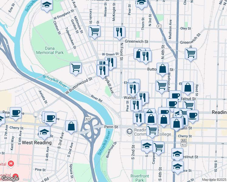 map of restaurants, bars, coffee shops, grocery stores, and more near 208 North Front Street in Reading