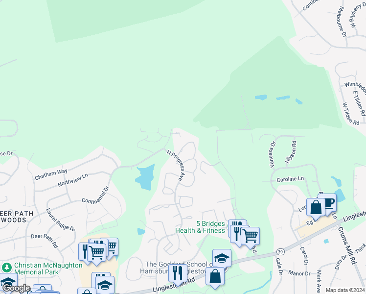 map of restaurants, bars, coffee shops, grocery stores, and more near 417 Waverly Woods Drive in Harrisburg