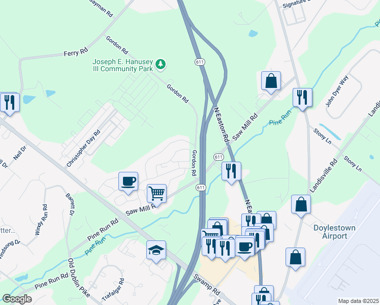 map of restaurants, bars, coffee shops, grocery stores, and more near 5470 Rinker Circle in Doylestown