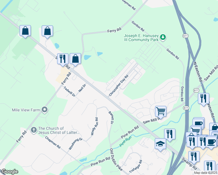 map of restaurants, bars, coffee shops, grocery stores, and more near 3669 Jacob Stout Road in Doylestown