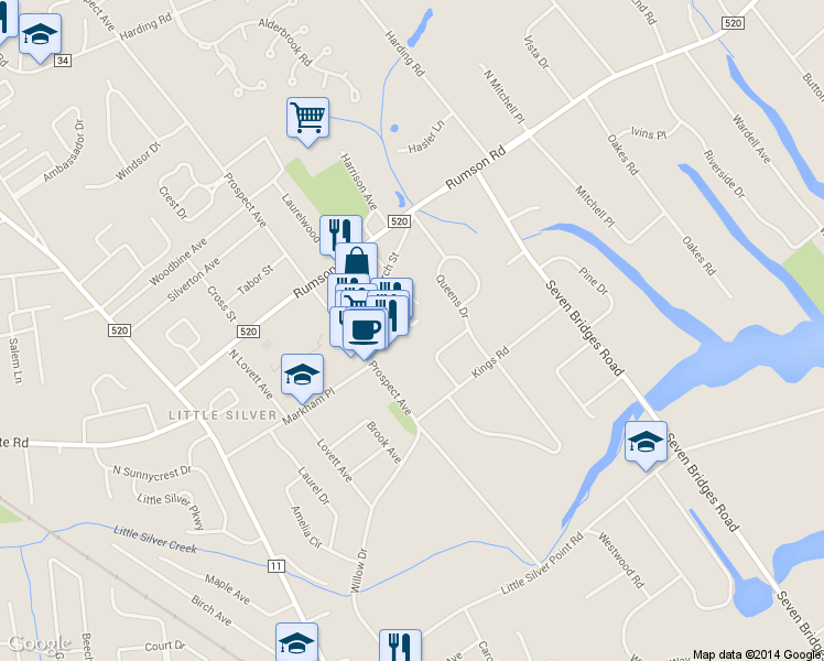 map of restaurants, bars, coffee shops, grocery stores, and more near 55 Cheshire Square in Little Silver