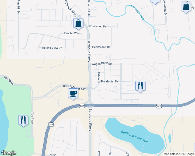 map of restaurants, bars, coffee shops, grocery stores, and more near 2878 Urban Place in Berthoud