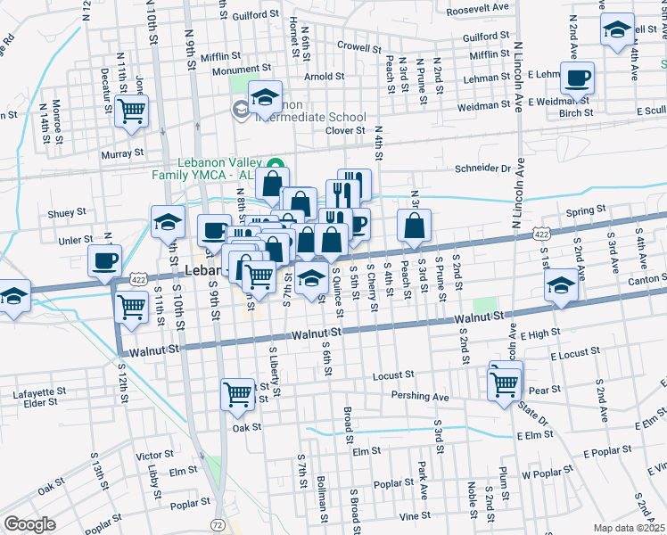 map of restaurants, bars, coffee shops, grocery stores, and more near 528 U.S. 422 in Lebanon
