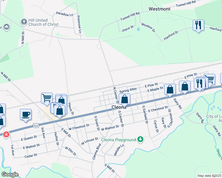 map of restaurants, bars, coffee shops, grocery stores, and more near 130 North Center Street in Cleona