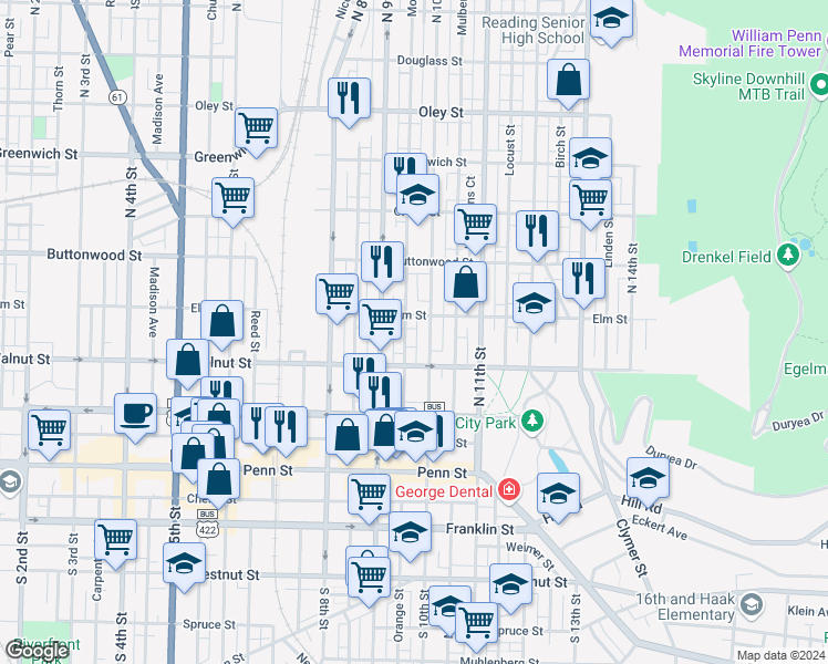 map of restaurants, bars, coffee shops, grocery stores, and more near 233 Rummel's Court in Reading