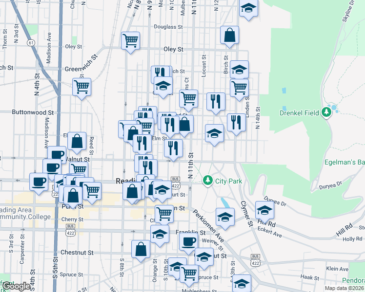 map of restaurants, bars, coffee shops, grocery stores, and more near 1038 Elm Street in Reading