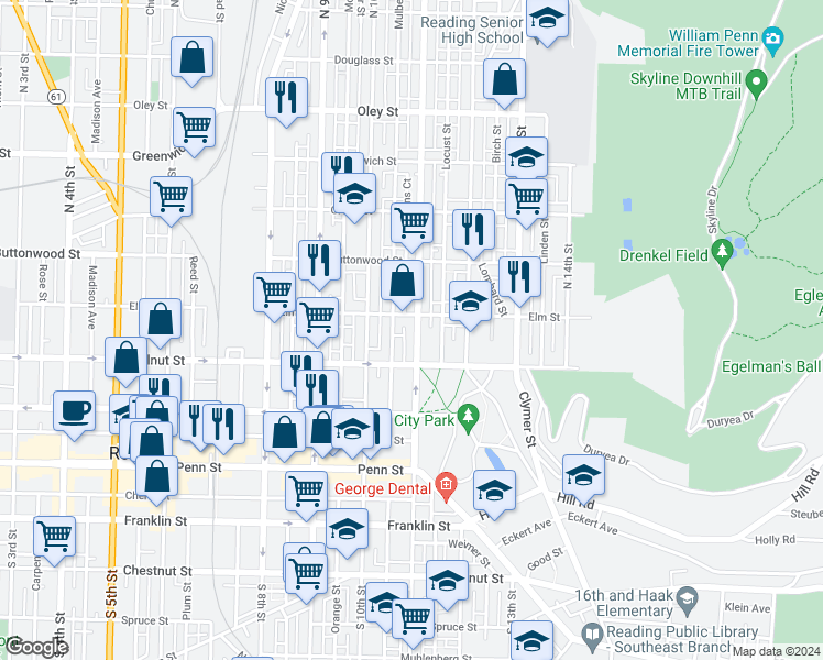 map of restaurants, bars, coffee shops, grocery stores, and more near 246 North 11th Street in Reading