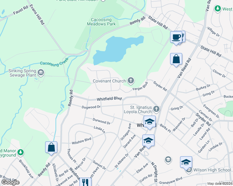 map of restaurants, bars, coffee shops, grocery stores, and more near 1300 Fieldstone Road in Sinking Spring