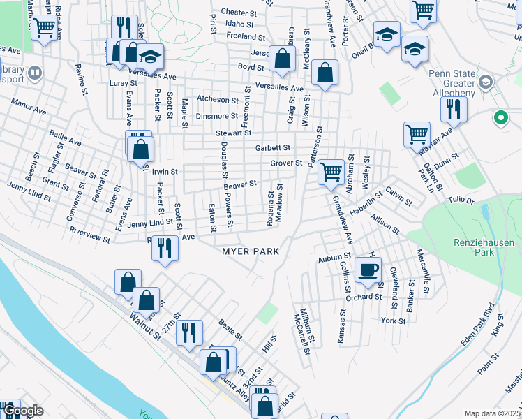 map of restaurants, bars, coffee shops, grocery stores, and more near 3019 Jenny Lind Street in McKeesport