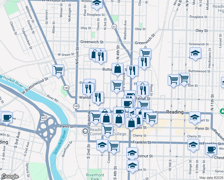 map of restaurants, bars, coffee shops, grocery stores, and more near in Reading
