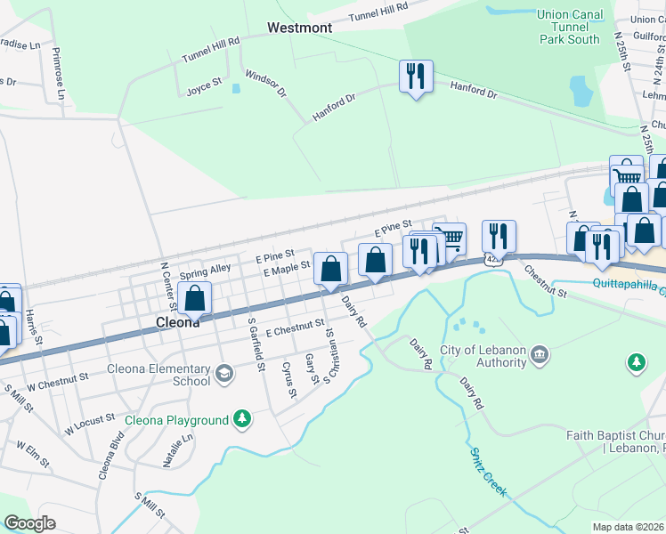 map of restaurants, bars, coffee shops, grocery stores, and more near 412 East Maple Street in Cleona