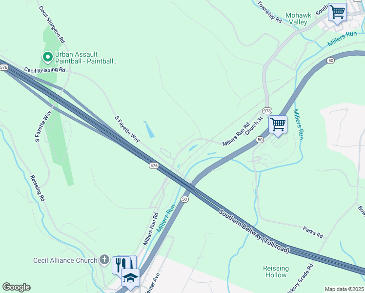 map of restaurants, bars, coffee shops, grocery stores, and more near 778 Millers Run Road in McDonald